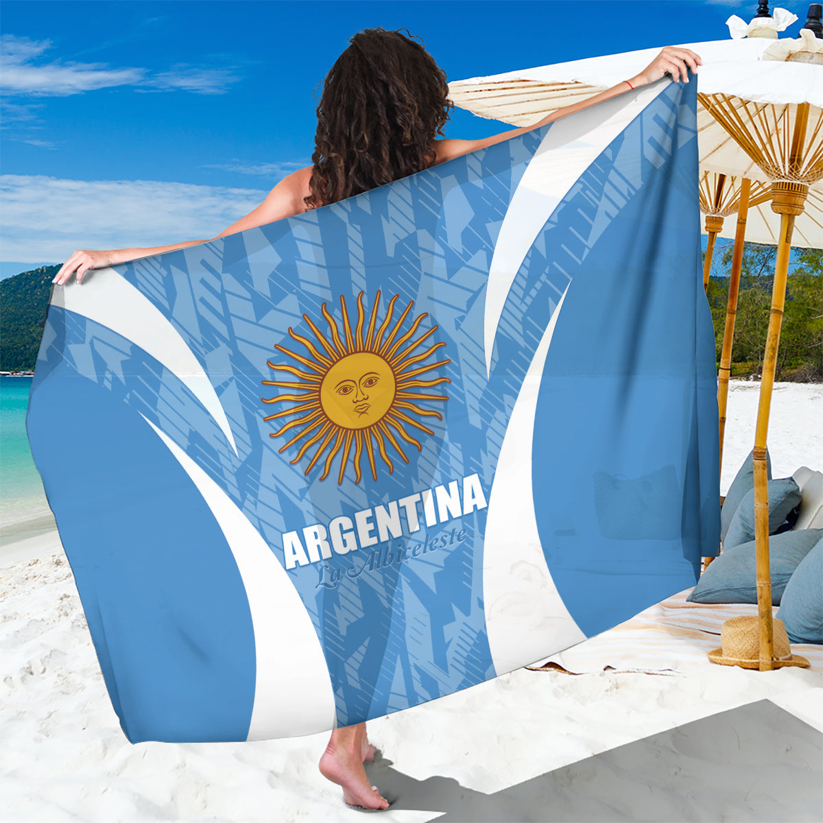 Argentina flag-style sarong blue and white with sun emblem, draped over shoulders