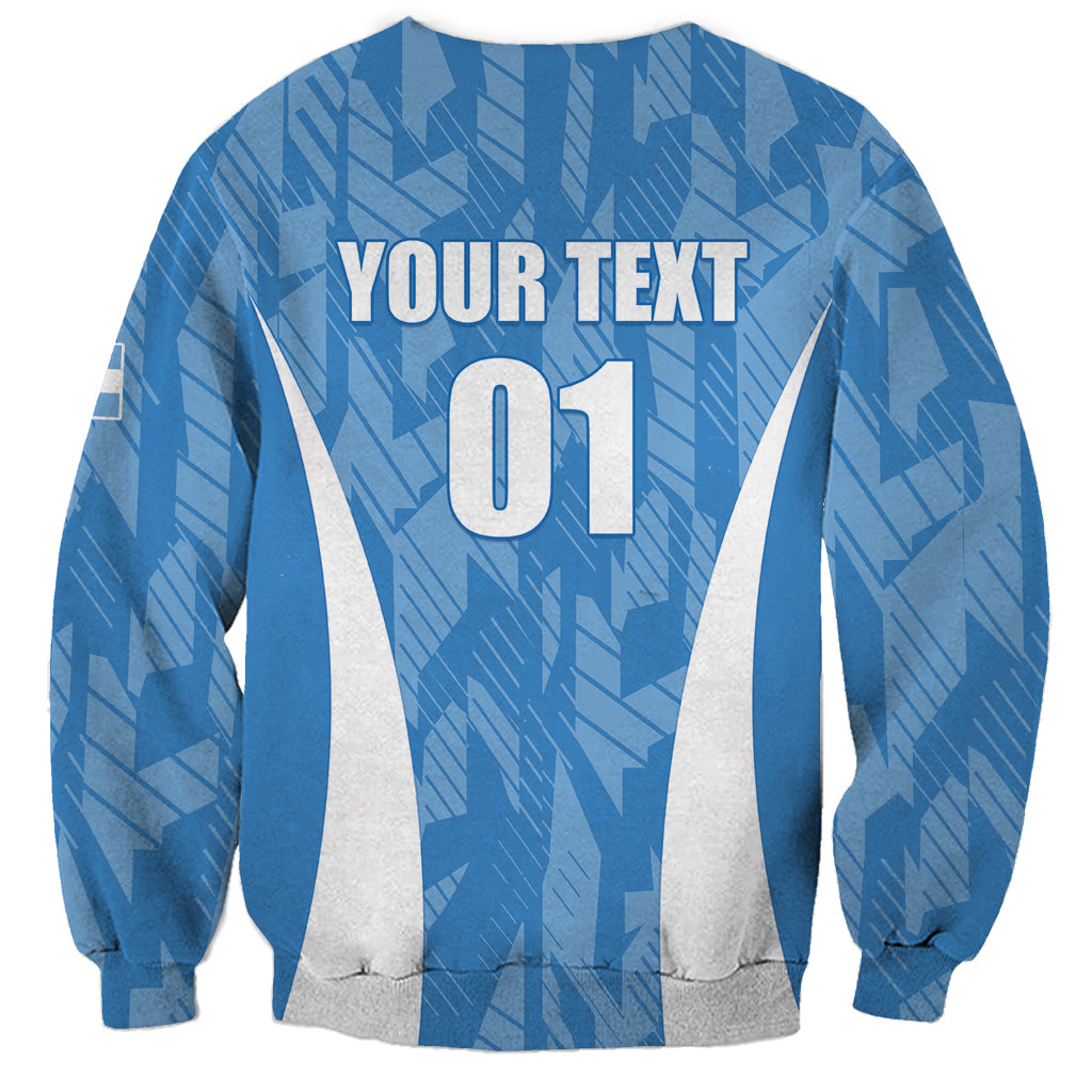 Unisex blue Argentina 2024 sweatshirt back with white stripes and YOUR TEXT 01