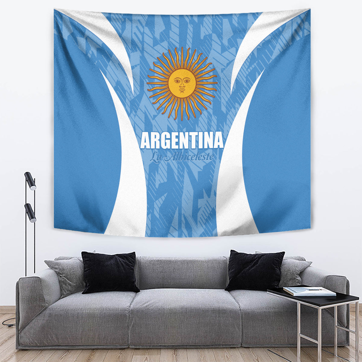 Blue and white Argentina wall tapestry with sun crest and 'ARGENTINA' text
