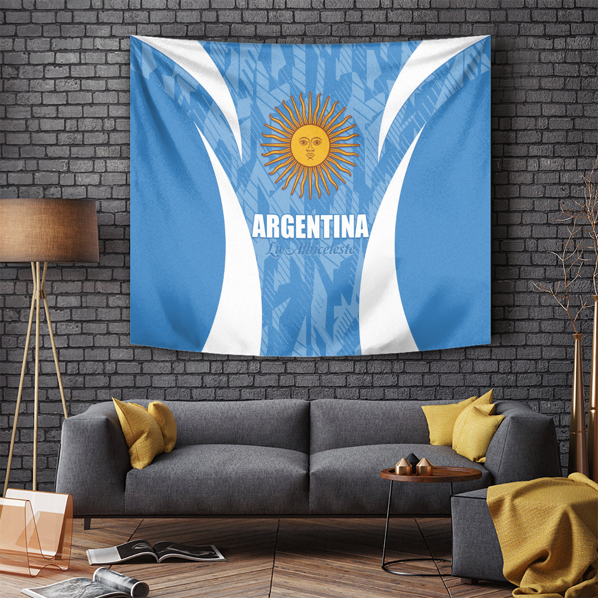 Blue and white Argentina wall tapestry with sun emblem and 'ARGENTINA' text