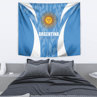 Blue and white Argentina tapestry with sun emblem, 'ARGENTINA' title, and rays