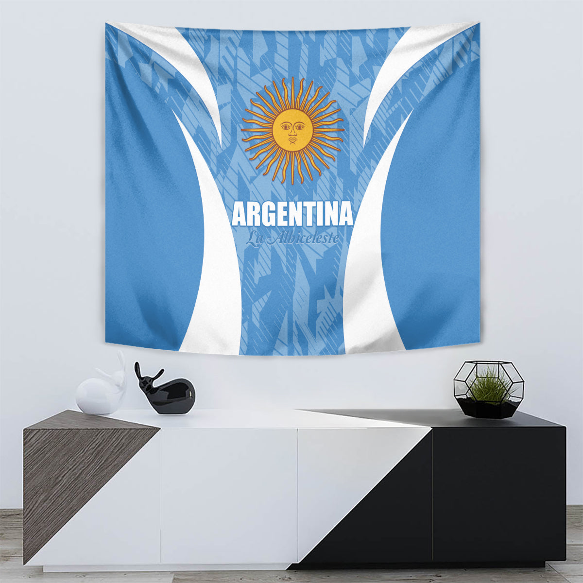 Blue and white Argentina tapestry with sun crest and 'ARGENTINA' lettering