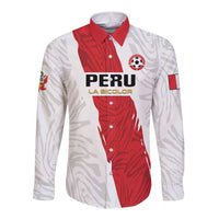 Red and white bicolor long-sleeve button football shirt with PERU crest and text
