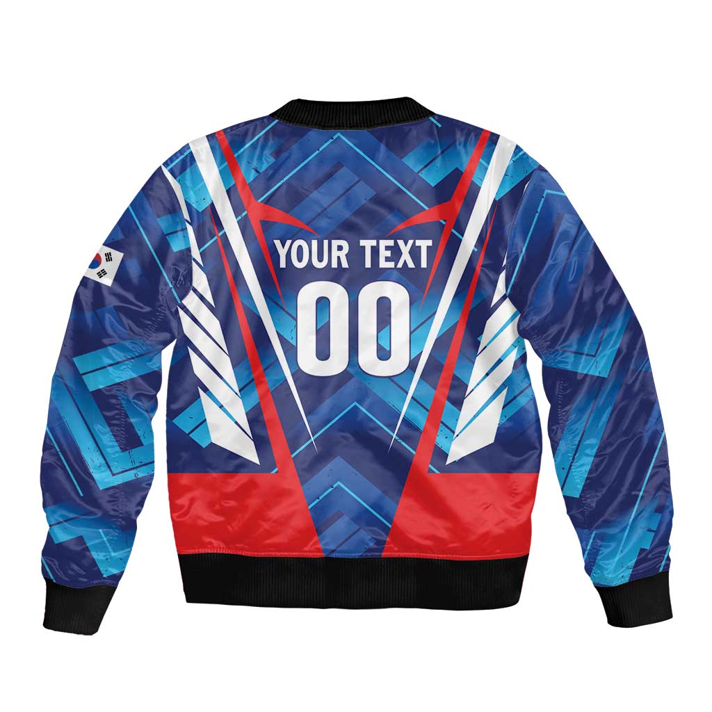 Blue bomber jacket with full-zip back print: YOUR TEXT 00, ribbed cuffs and hem