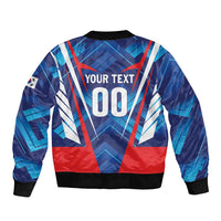 Blue bomber jacket with full-zip back print: YOUR TEXT 00, ribbed cuffs and hem