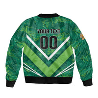 Green bomber jacket back with 'YOUR TEXT' and number 00, ribbed collar and cuffs