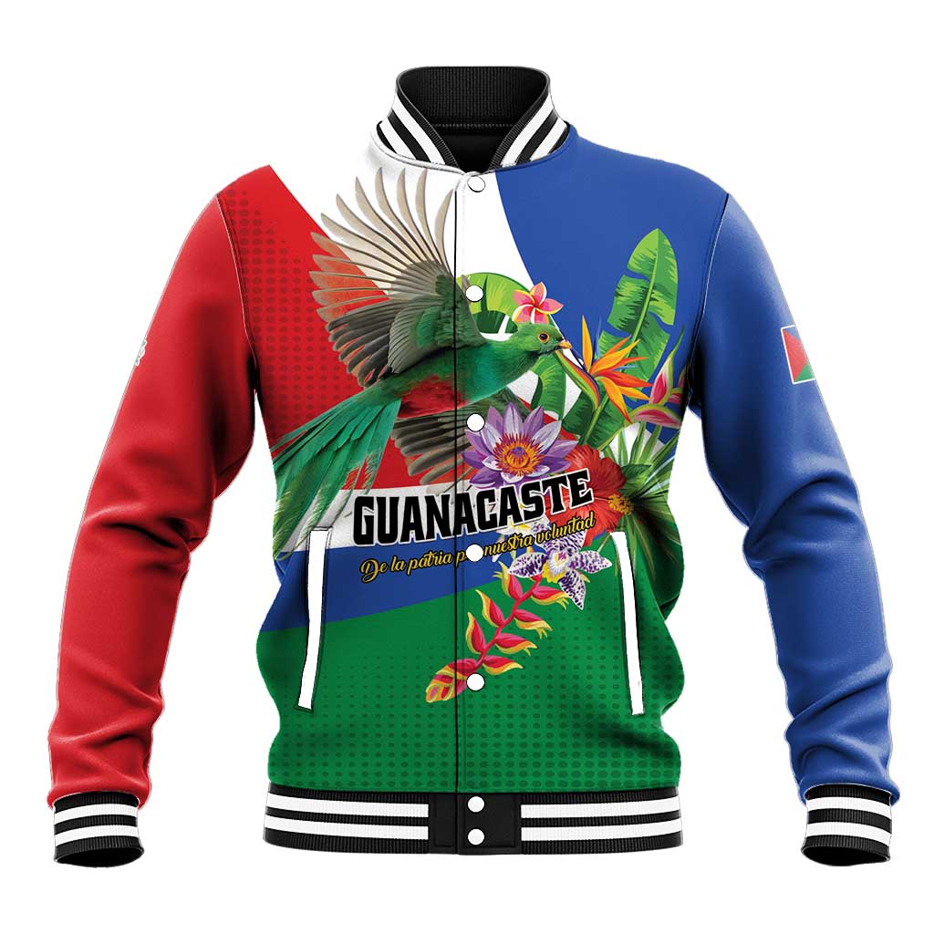 Multicolor baseball jacket with tropical bird, flowers, and striped collar cuffs