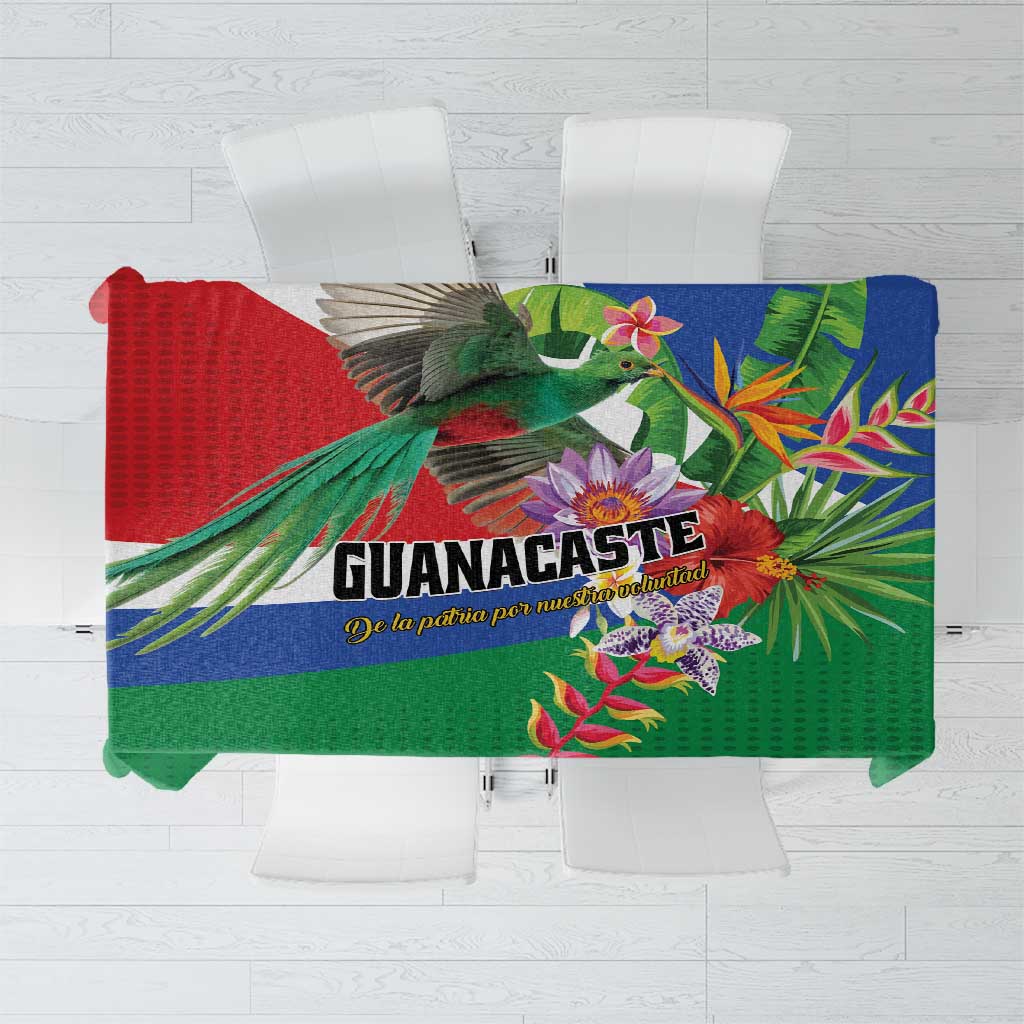 Multicolor tropical tablecloth with green center, blue border, quetzal and flowers