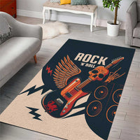 Rock and roll area rug featuring orange electric guitar, skull, and vinyl records