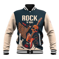 Two-tone baseball jacket, striped collar/cuffs, skull guitar 'ROCK N ROLL' print