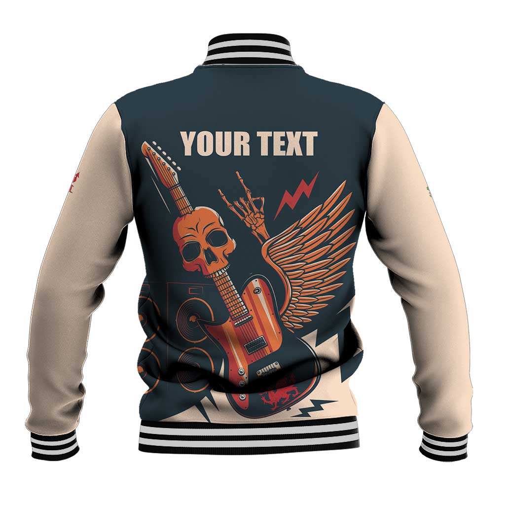 Back view baseball jacket with striped collar, skull-and-guitar wings graphic and 'YOUR TEXT'