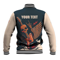 Back view baseball jacket with striped collar, skull-and-guitar wings graphic and 'YOUR TEXT'