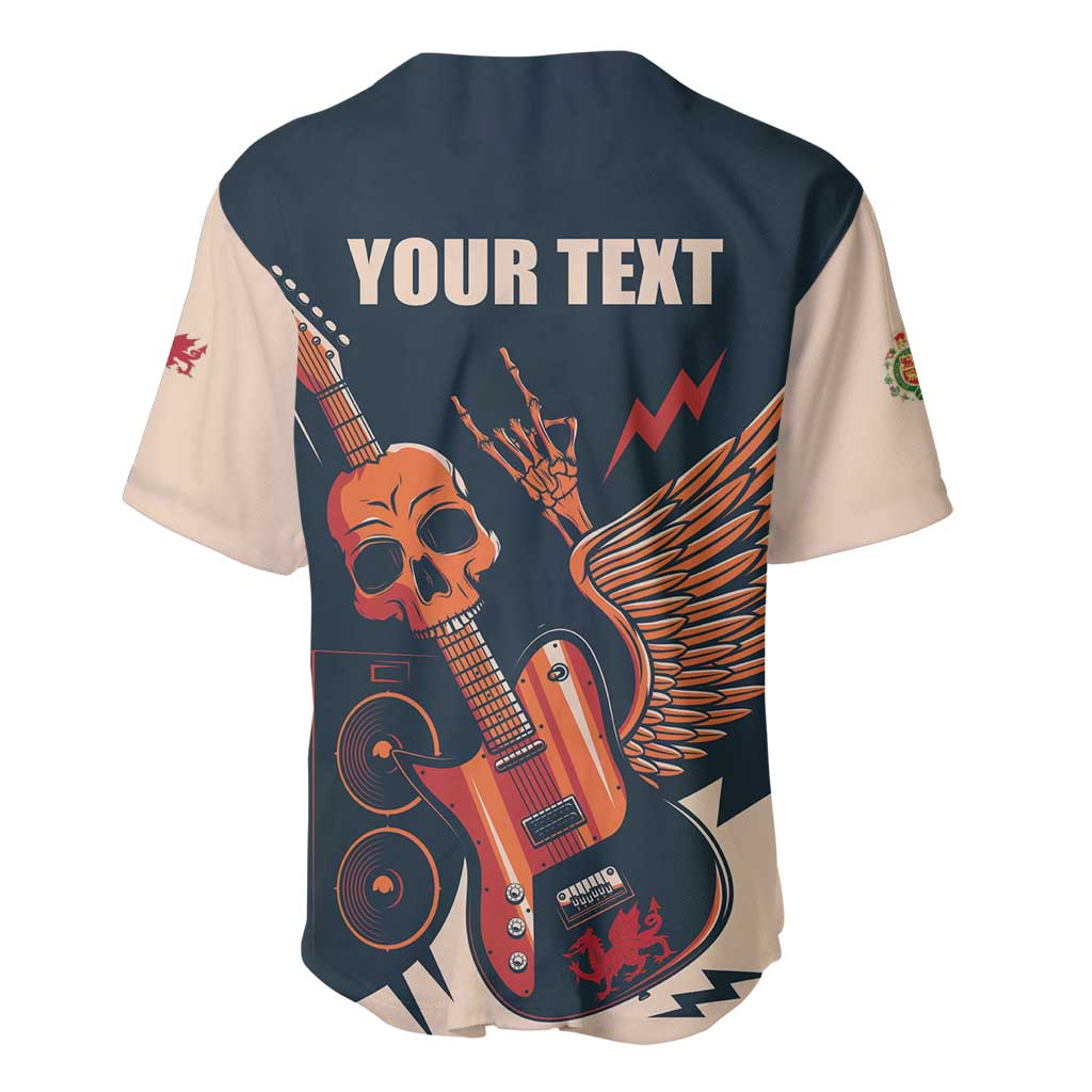 Dark baseball jersey with beige sleeves, skull and guitar back graphic with 'YOUR TEXT'