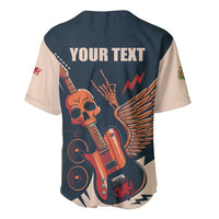 Dark baseball jersey with beige sleeves, skull and guitar back graphic with 'YOUR TEXT'