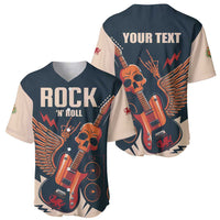 Baseball jersey two views: front 'ROCK N ROLL' and back skull guitar 'YOUR TEXT' graphic