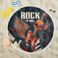 Round beach blanket with white fringe, rock guitar and skull graphic