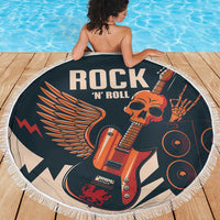 Round beach blanket with white fringe, rock 'n' roll guitar and skull print