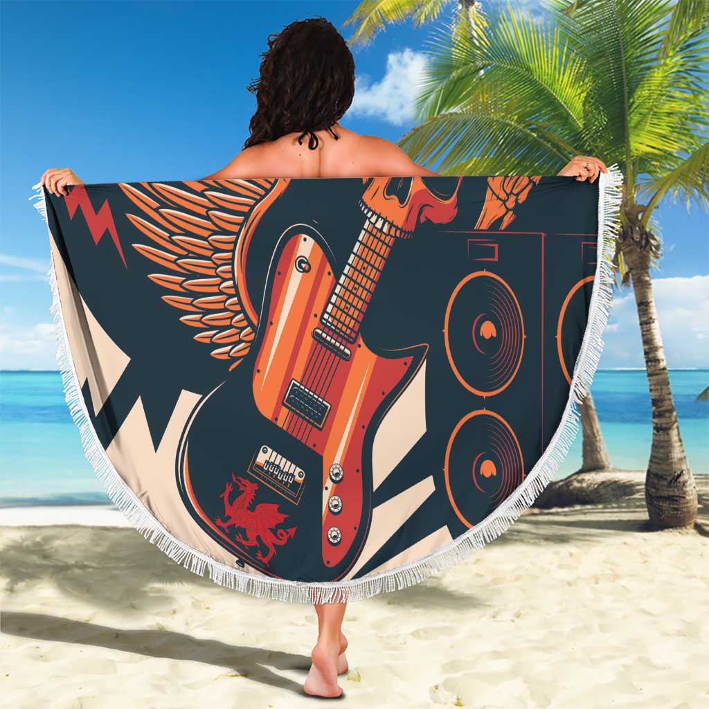 Round beach blanket with white fringe, large rock guitar and skull artwork