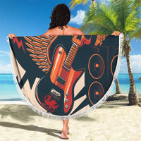 Round beach blanket with white fringe, large rock guitar and skull artwork