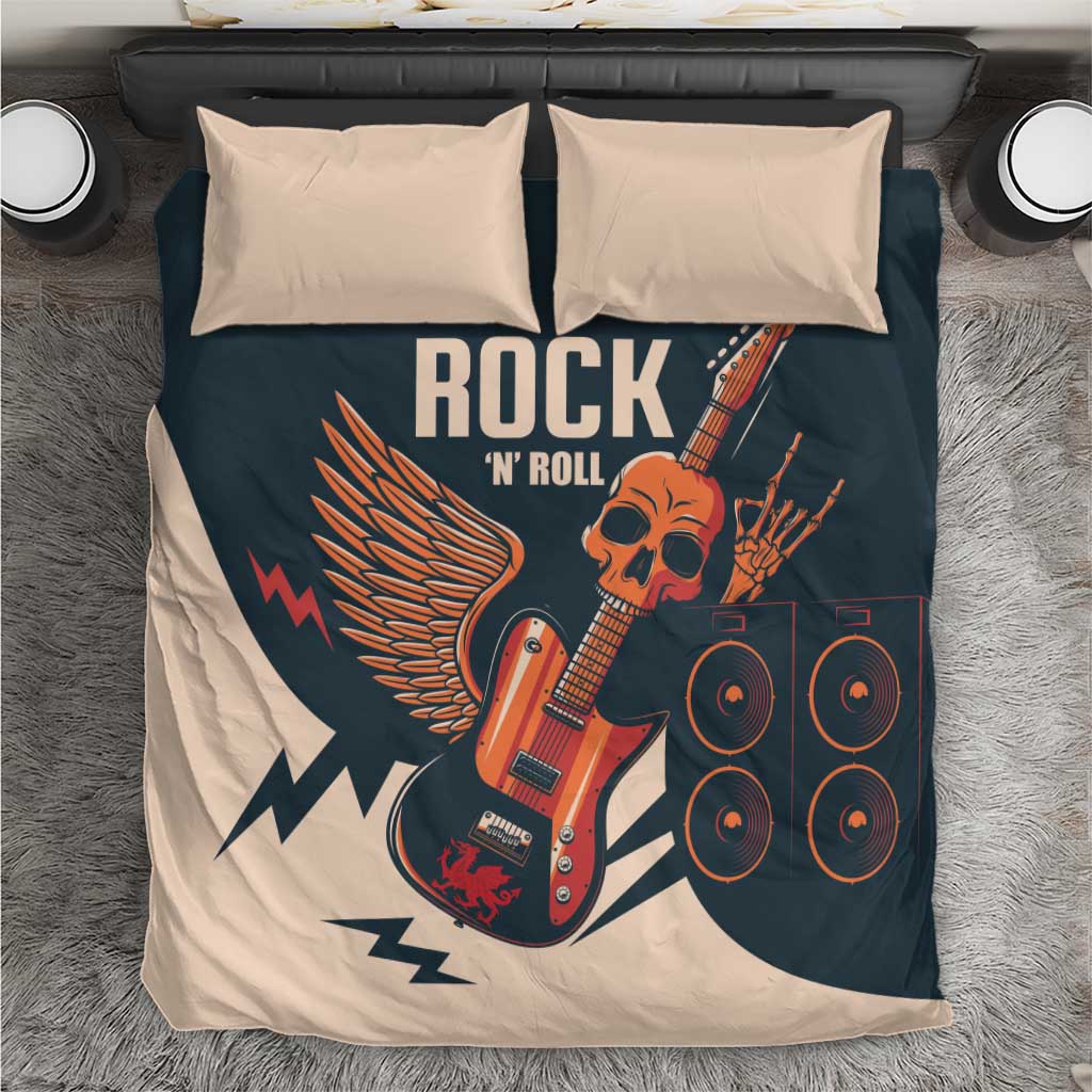 Bedding set featuring skull guitar, wings, and speaker icons in beige and dark teal