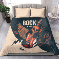 Beige & dark teal rock-themed bedding set with skull guitar, wings, speakers; two pillows