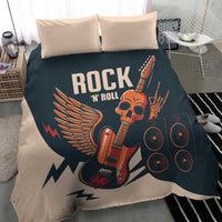 Rock-themed bedding set with skull guitar graphic on beige and dark teal; two pillows