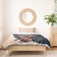 Beige and dark teal bedding set with skull guitar, speakers, and winged design