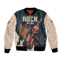 Two-tone bomber jacket with front skull guitar graphic, beige sleeves, black ribbed hem