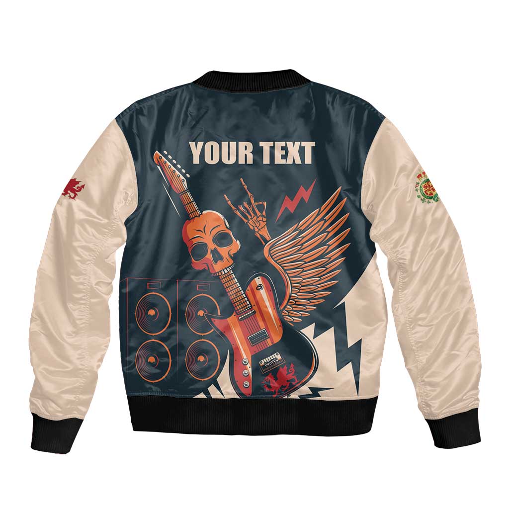 Two-tone bomber jacket with skull guitar back graphic, beige sleeves, black ribbed trim