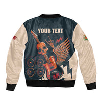 Two-tone bomber jacket with skull guitar back graphic, beige sleeves, black ribbed trim