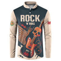 Dark teal henley sweatshirt with beige sleeves, front skull playing electric guitar graphic