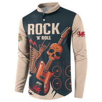 Dark teal henley sweatshirt with beige sleeves, front "ROCK N ROLL" skull guitar illustration