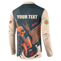Dark teal henley sweatshirt back with beige sleeves, "YOUR TEXT" over skull and guitar artwork