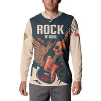 Dark teal henley sweatshirt with beige sleeves, front skull electric guitar graphic