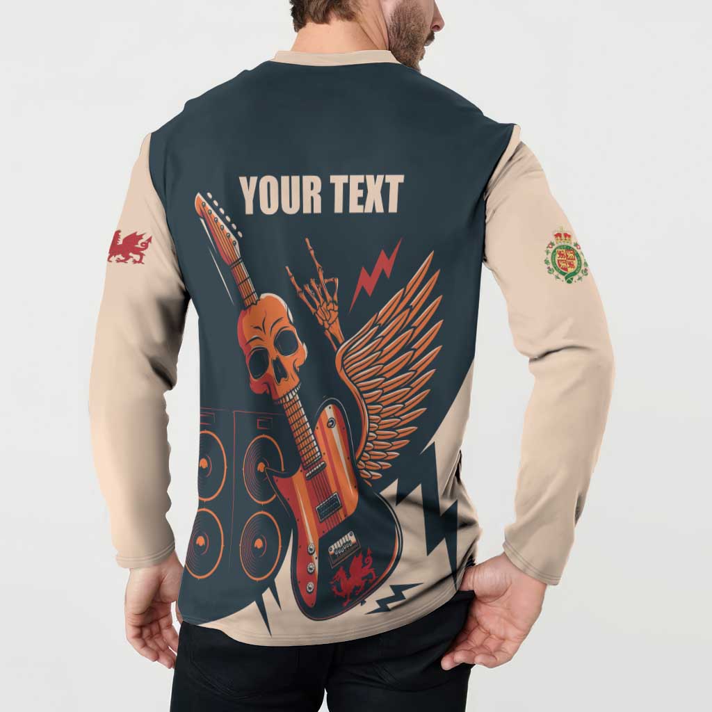 Dark teal henley sweatshirt back with beige sleeves, large skull guitar wing graphic