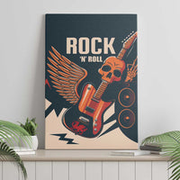 Mounted canvas wall art with orange guitar, skull, wing graphic, and “ROCK ’N’ ROLL”