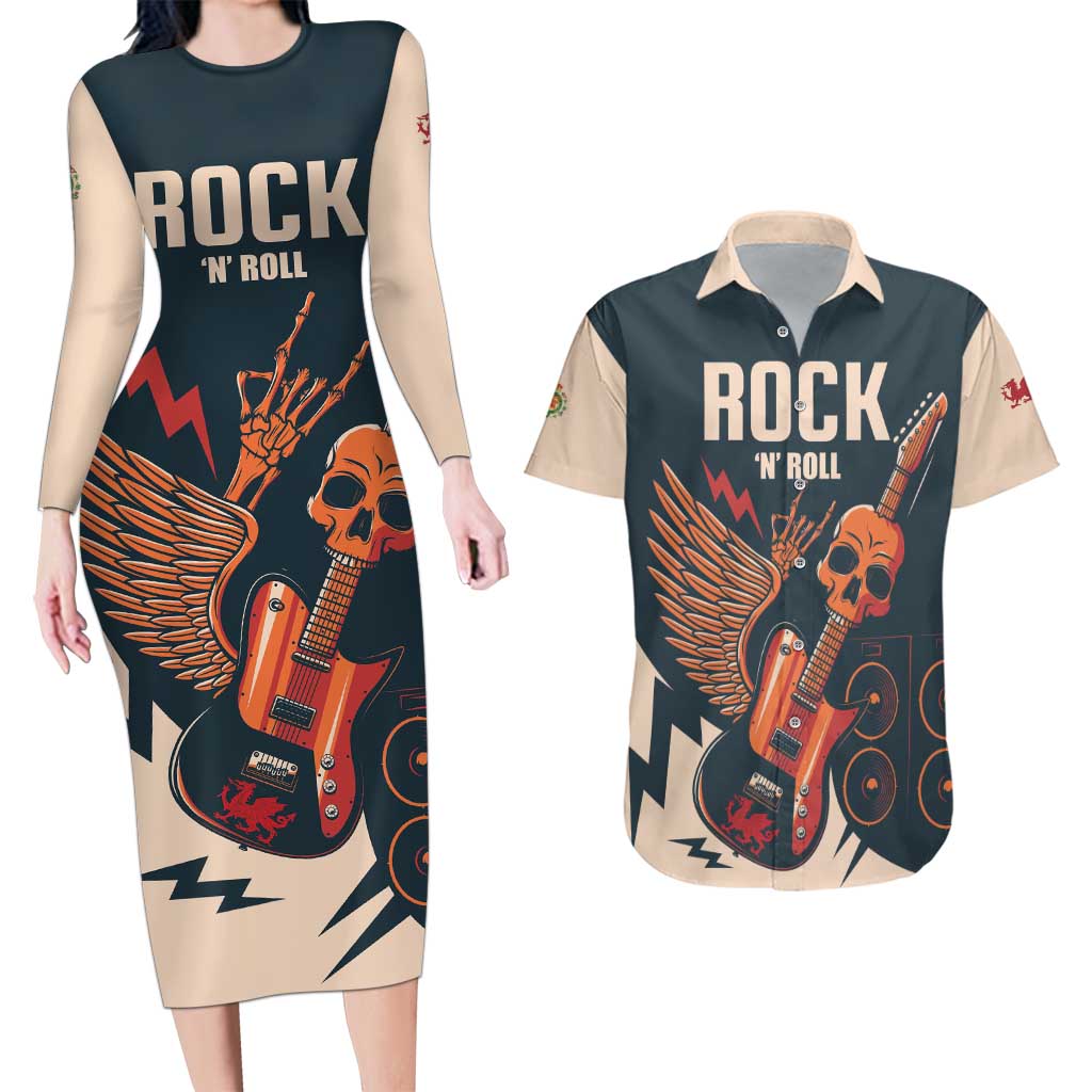 Rock and Roll Skull Guitar Couples Matching Long Sleeve Bodycon Dress and Hawaiian Shirt Welsh Dragon - Wonder Print Shop