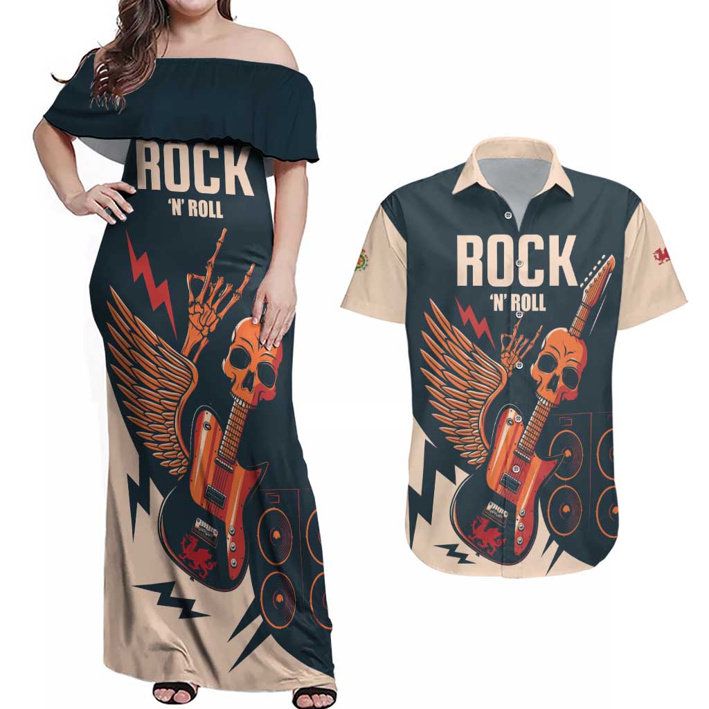 Rock and Roll Skull Guitar Couples Matching Off Shoulder Maxi Dress and Hawaiian Shirt Welsh Dragon - Wonder Print Shop