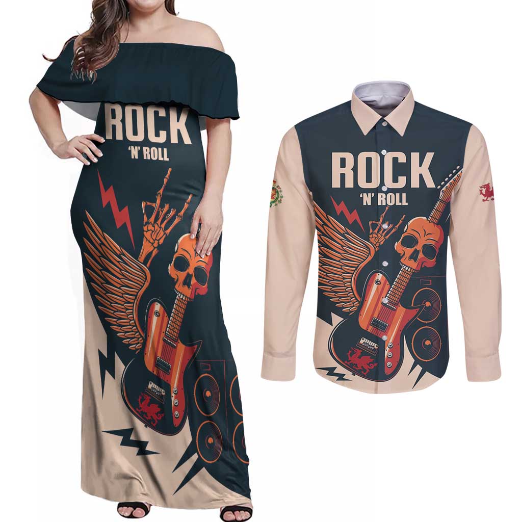 Rock and Roll Skull Guitar Couples Matching Off Shoulder Maxi Dress and Long Sleeve Button Shirt Welsh Dragon - Wonder Print Shop