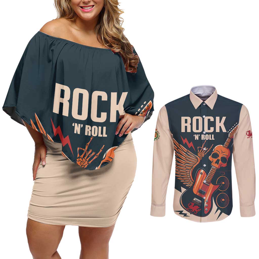 Rock and Roll Skull Guitar Couples Matching Off Shoulder Short Dress and Long Sleeve Button Shirt Welsh Dragon - Wonder Print Shop