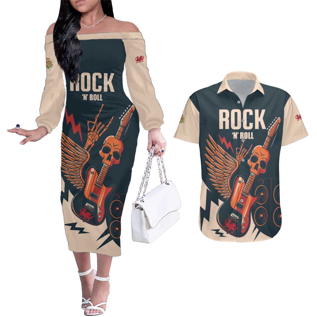 Rock and Roll Skull Guitar Couples Matching Off The Shoulder Long Sleeve Dress and Hawaiian Shirt Welsh Dragon - Wonder Print Shop