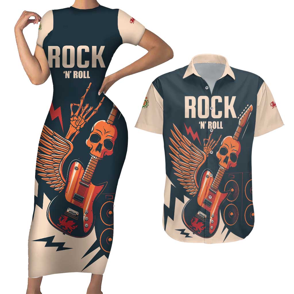 Rock and Roll Skull Guitar Couples Matching Short Sleeve Bodycon Dress and Hawaiian Shirt Welsh Dragon - Wonder Print Shop