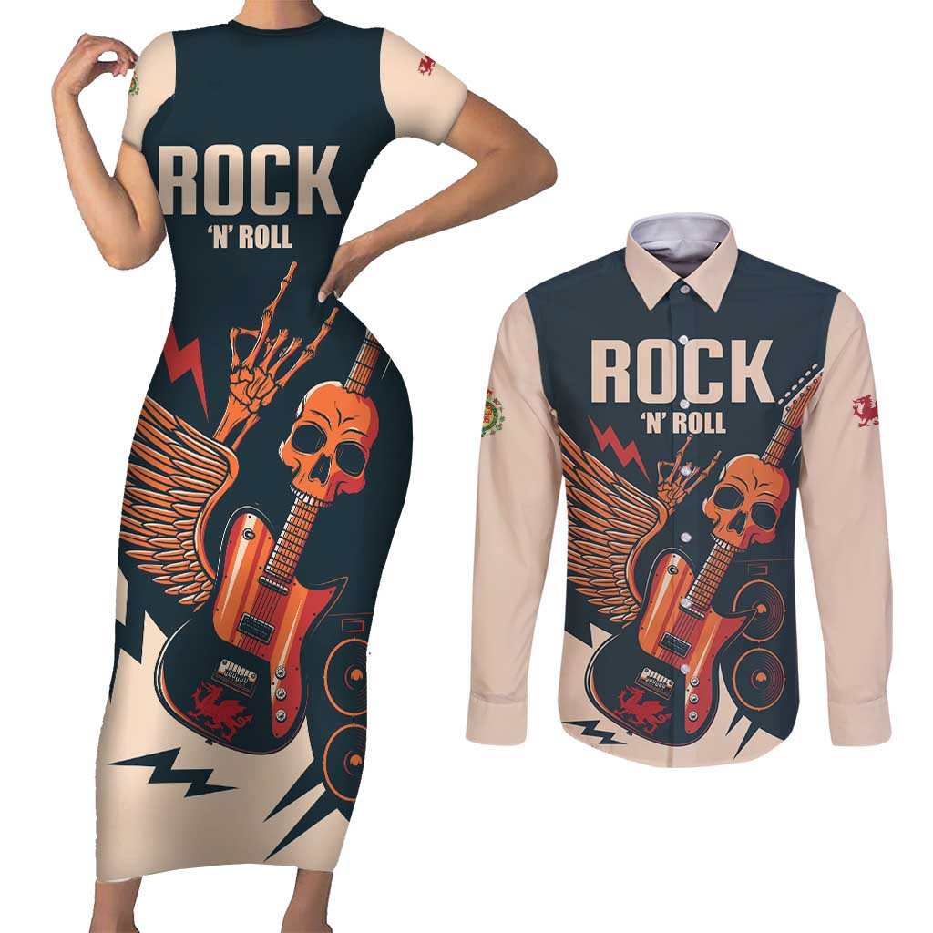 Rock and Roll Skull Guitar Couples Matching Short Sleeve Bodycon Dress and Long Sleeve Button Shirt Welsh Dragon - Wonder Print Shop