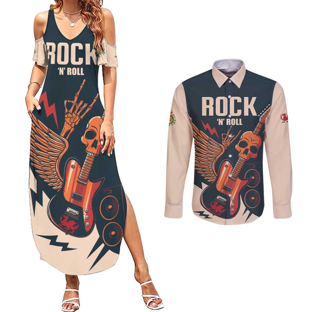 Rock and Roll Skull Guitar Couples Matching Summer Maxi Dress and Long Sleeve Button Shirt Welsh Dragon - Wonder Print Shop