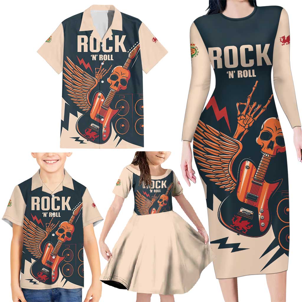 Rock and Roll Skull Guitar Family Matching Long Sleeve Bodycon Dress and Hawaiian Shirt Welsh Dragon - Wonder Print Shop