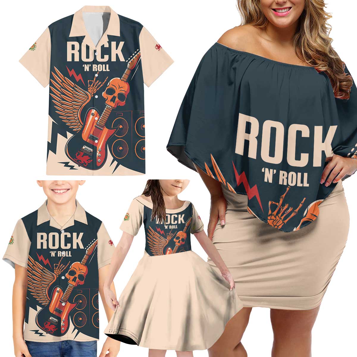 Rock and Roll Skull Guitar Family Matching Off Shoulder Short Dress and Hawaiian Shirt Welsh Dragon - Wonder Print Shop