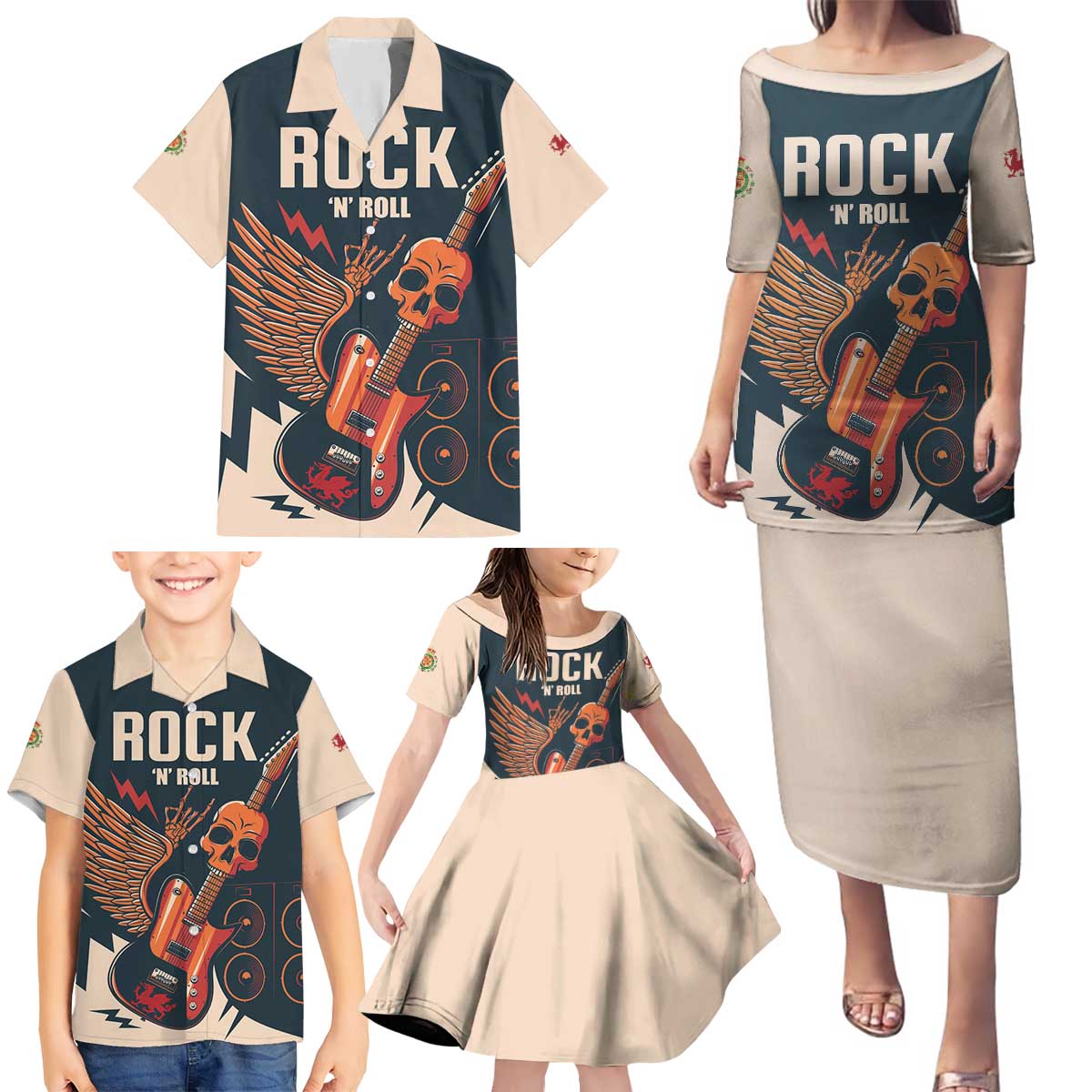 Rock and Roll Skull Guitar Family Matching Puletasi and Hawaiian Shirt Welsh Dragon - Wonder Print Shop