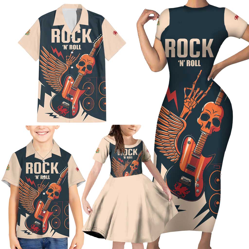 Rock and Roll Skull Guitar Family Matching Short Sleeve Bodycon Dress and Hawaiian Shirt Welsh Dragon - Wonder Print Shop