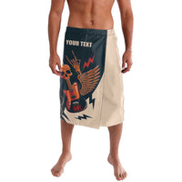 Teal and beige lavalava sarong with skull, guitar, wings graphic