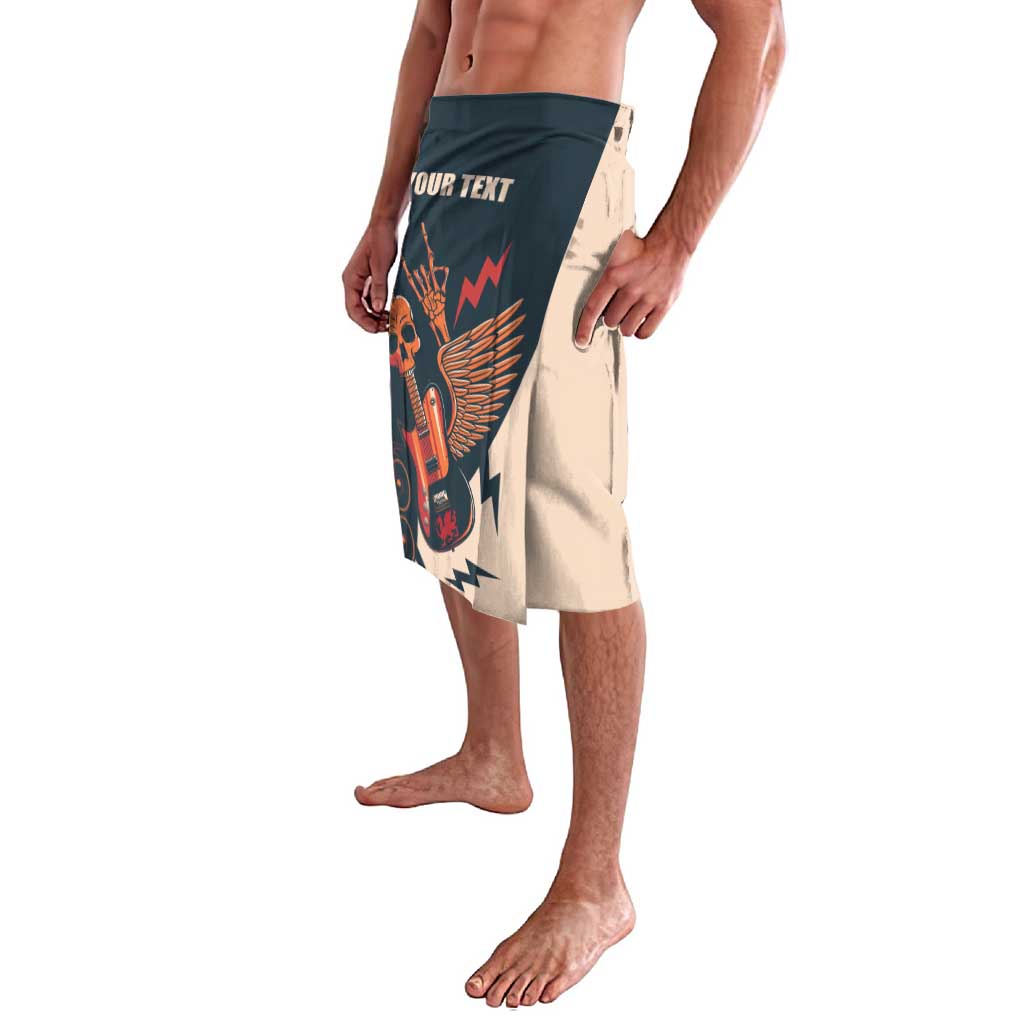 Side view teal and beige lavalava sarong with skull guitar wing print